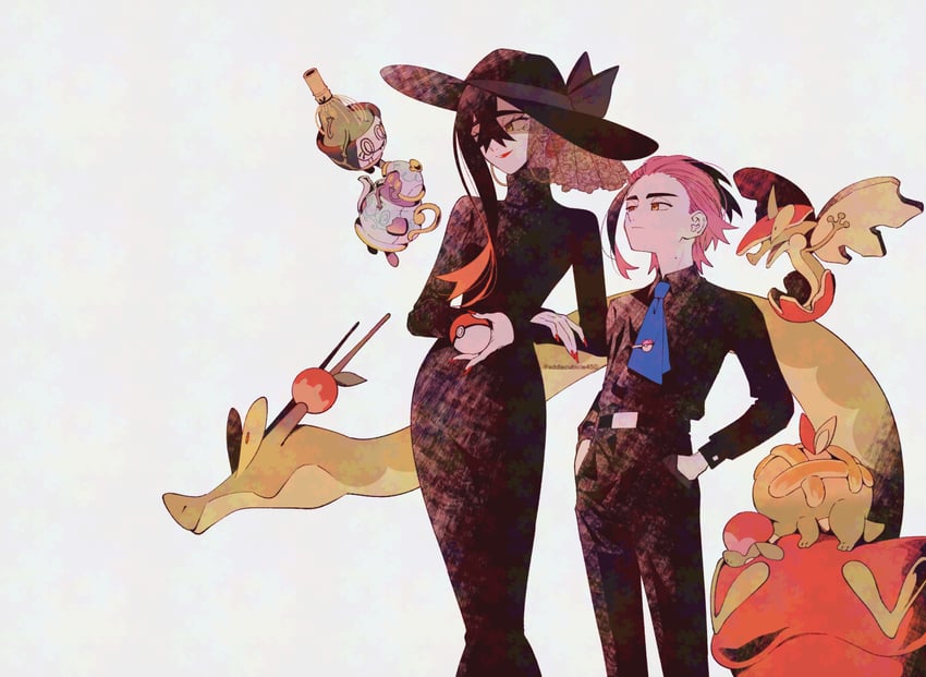 kieran, carmine, polteageist, hydrapple, sinistcha, and 2 more (pokemon and 1 more) drawn by addlecubicle_sl