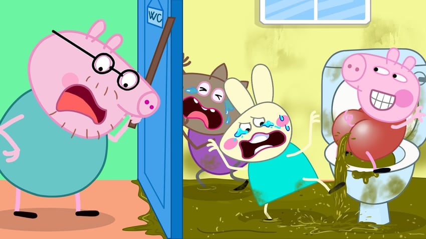 peppa pig, daddy pig, rebecca rabbit, and danny dog (peppa pig)