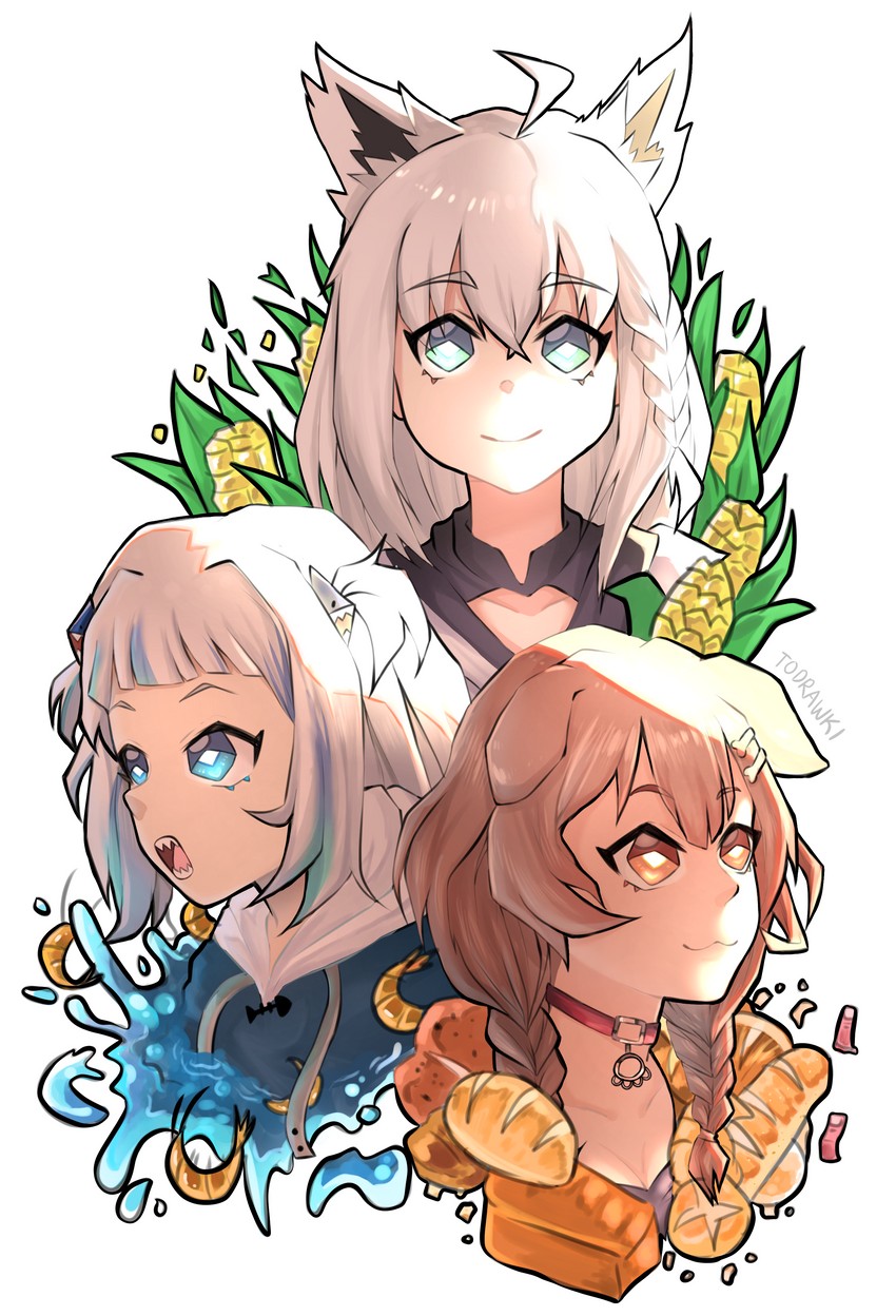 gawr gura, shirakami fubuki, and inugami korone (hololive and 1 more) drawn by wokiiarts