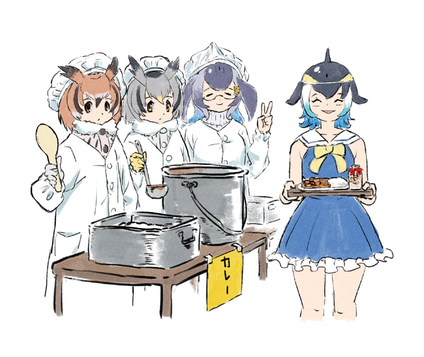 northern white-faced owl, eurasian eagle owl, common dolphin, and blue whale (kemono friends) drawn by hatch_(hatch_box)