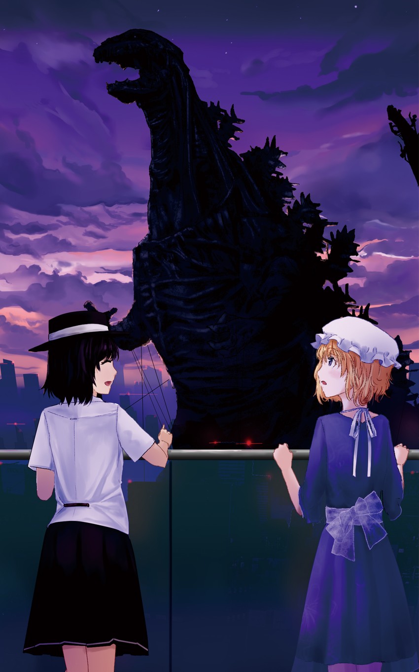 usami renko, maribel hearn, and godzilla (touhou and 2 more) drawn by enclosed0