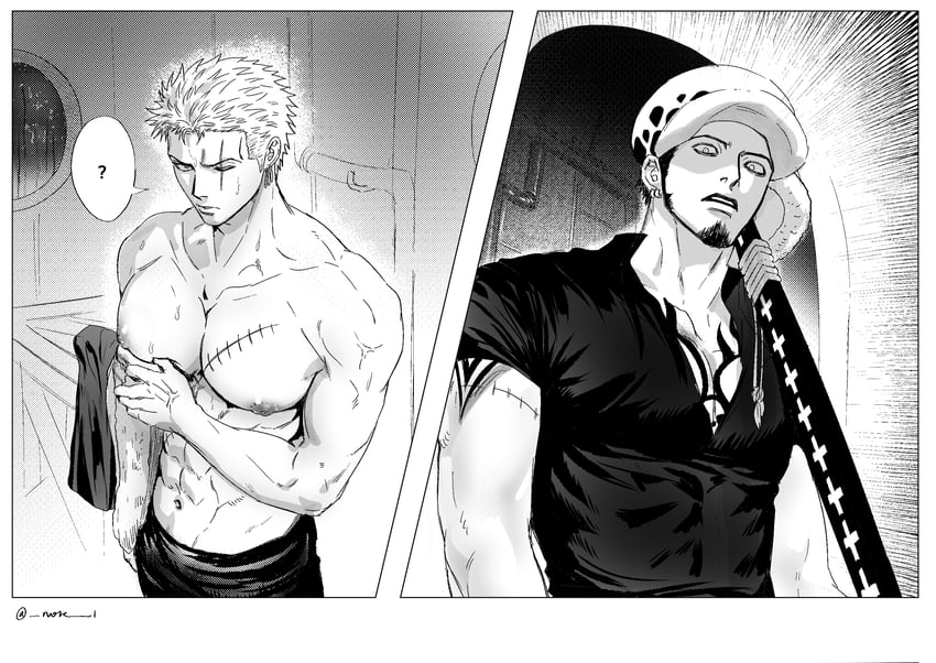 roronoa zoro and trafalgar law (one piece) drawn by nok_(nok_1)