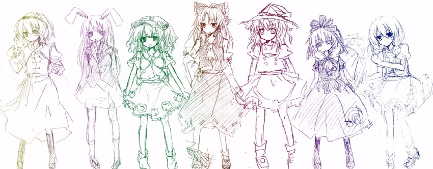 hakurei reimu, kirisame marisa, konpaku youmu, alice margatroid, reisen udongein inaba, and 2 more (touhou) drawn by sakusakumonoka