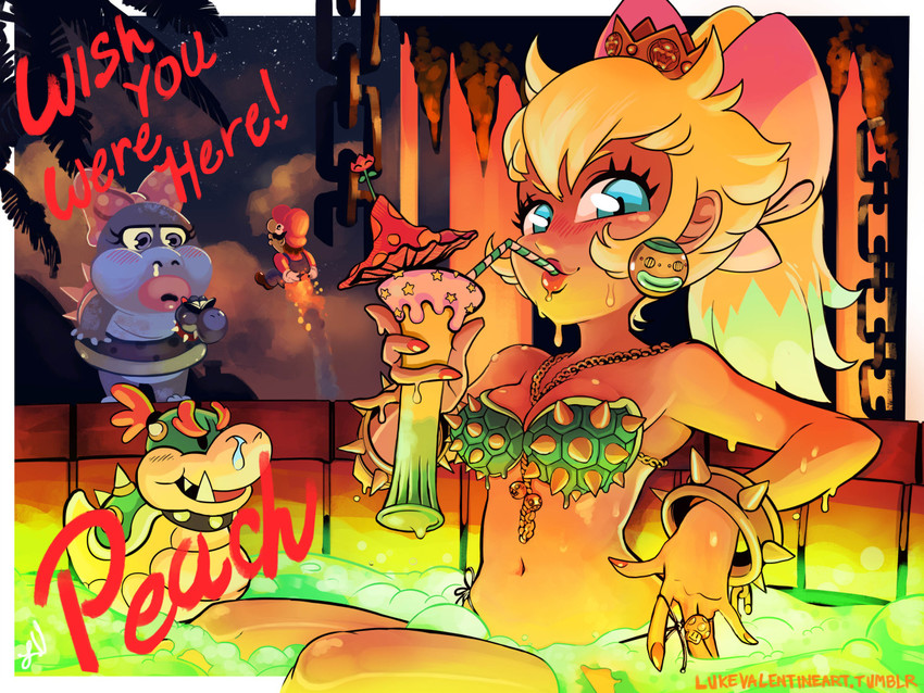 princess peach, mario, bowser jr., and wendy o. koopa (mario) drawn by luke_valentine_(artist)
