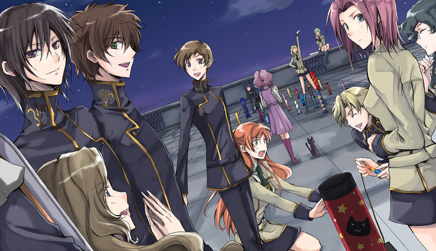 c.c., lelouch vi britannia, kouzuki kallen, kururugi suzaku, nunnally vi britannia, and 8 more (code geass) drawn by sasahara_rena