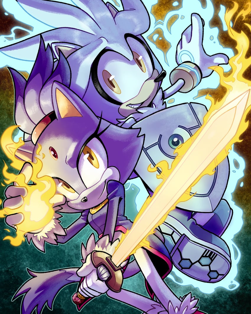 blaze the cat and silver the hedgehog (sonic) drawn by aideneye99