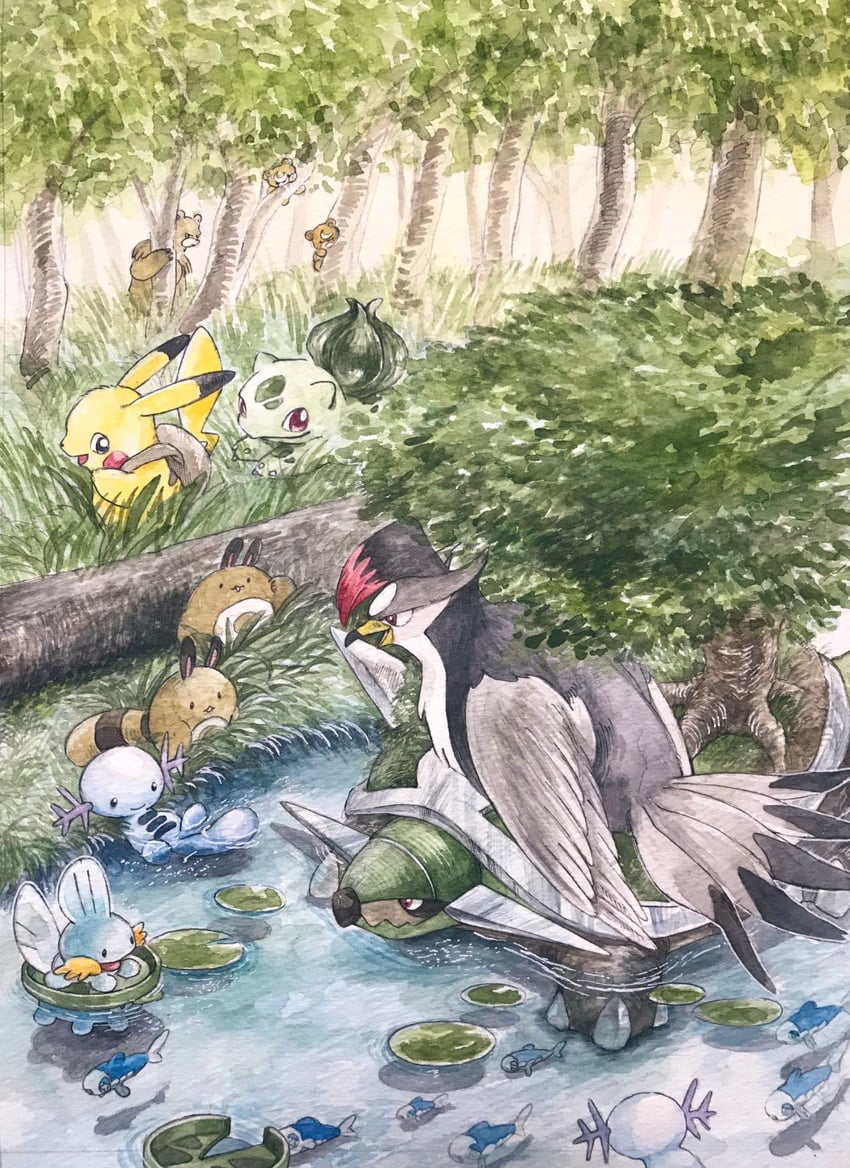 pikachu, bulbasaur, mudkip, wooper, sentret, and 5 more (pokemon) drawn by mint_nappa