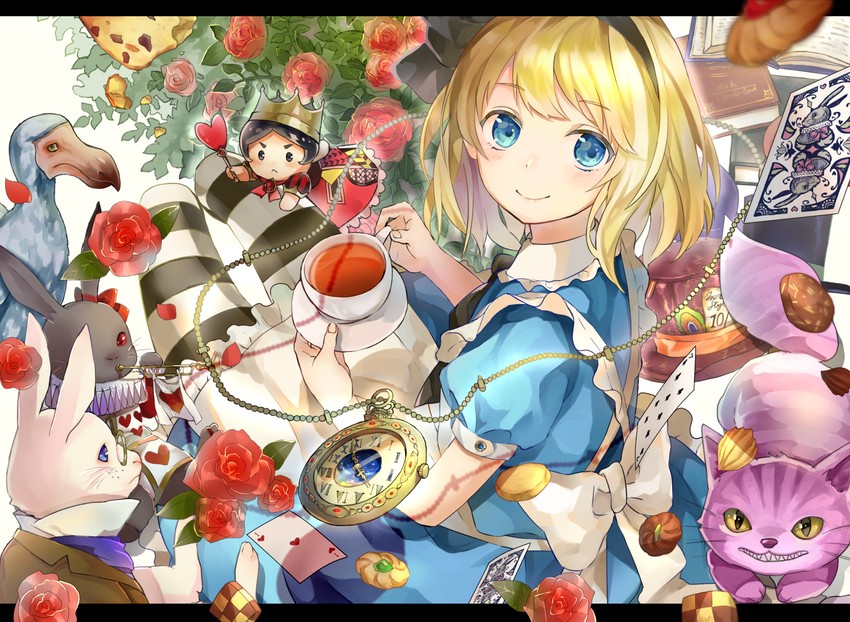 alice, white rabbit, and cheshire cat (alice's adventures in wonderland) drawn by piyo_(sqn2idm751)