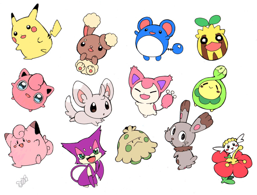 pikachu, jigglypuff, clefairy, marill, buneary, and 7 more (pokemon) drawn by amezawa_koma