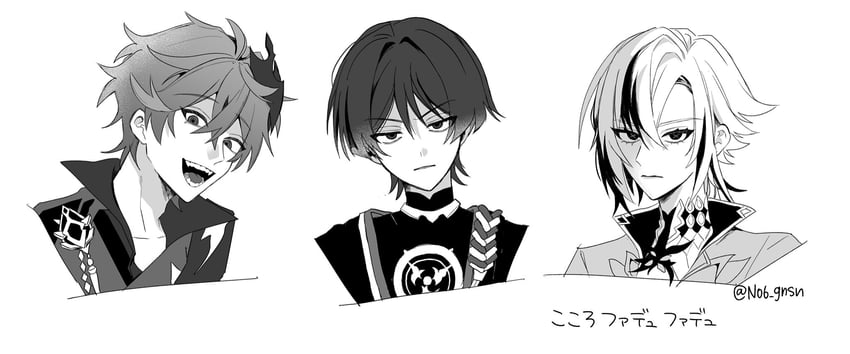 scaramouche, tartaglia, and arlecchino (genshin impact) drawn by no6_gnsn