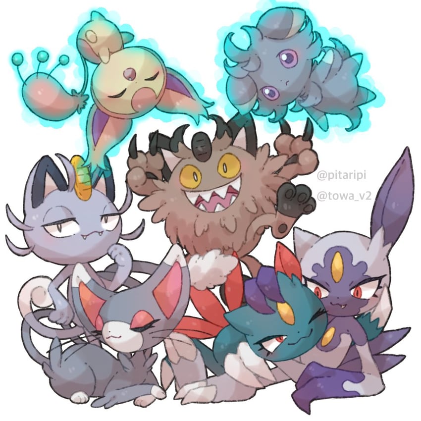 meowth, skitty, sneasel, espurr, glameow, and 3 more (pokemon) drawn by towa_(clonea)