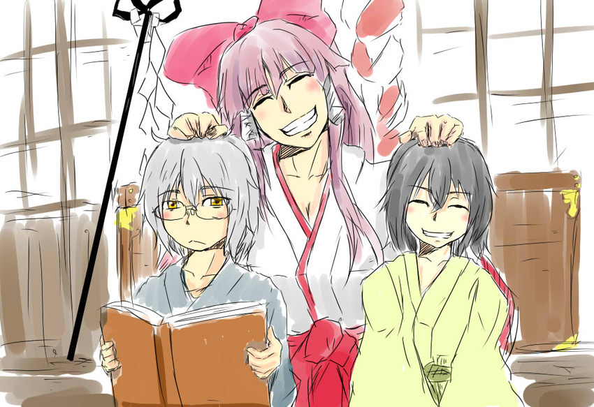 hakurei reimu, kamishirasawa keine, and morichika rinnosuke (touhou) drawn by takase_(nandedaiya)