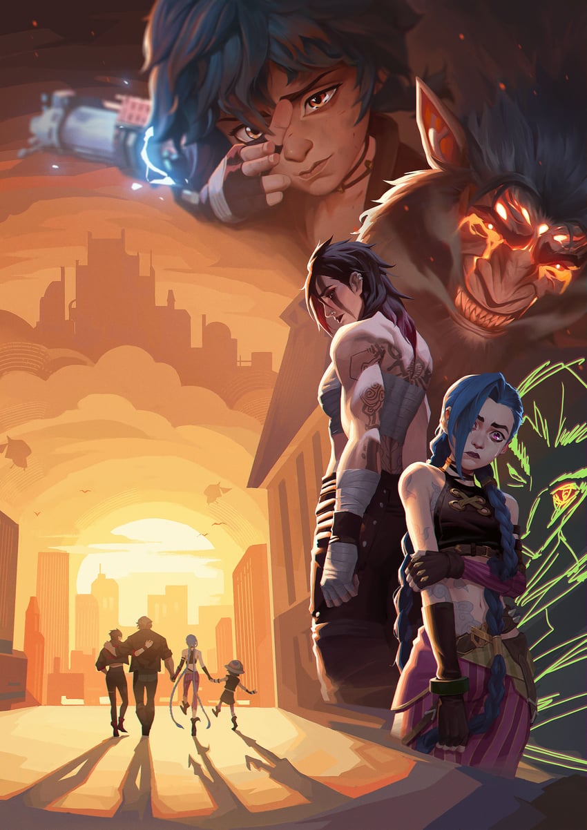 jinx, vi, arcane jinx, arcane vi, silco, and 2 more (league of legends and 1 more) drawn by yyc992