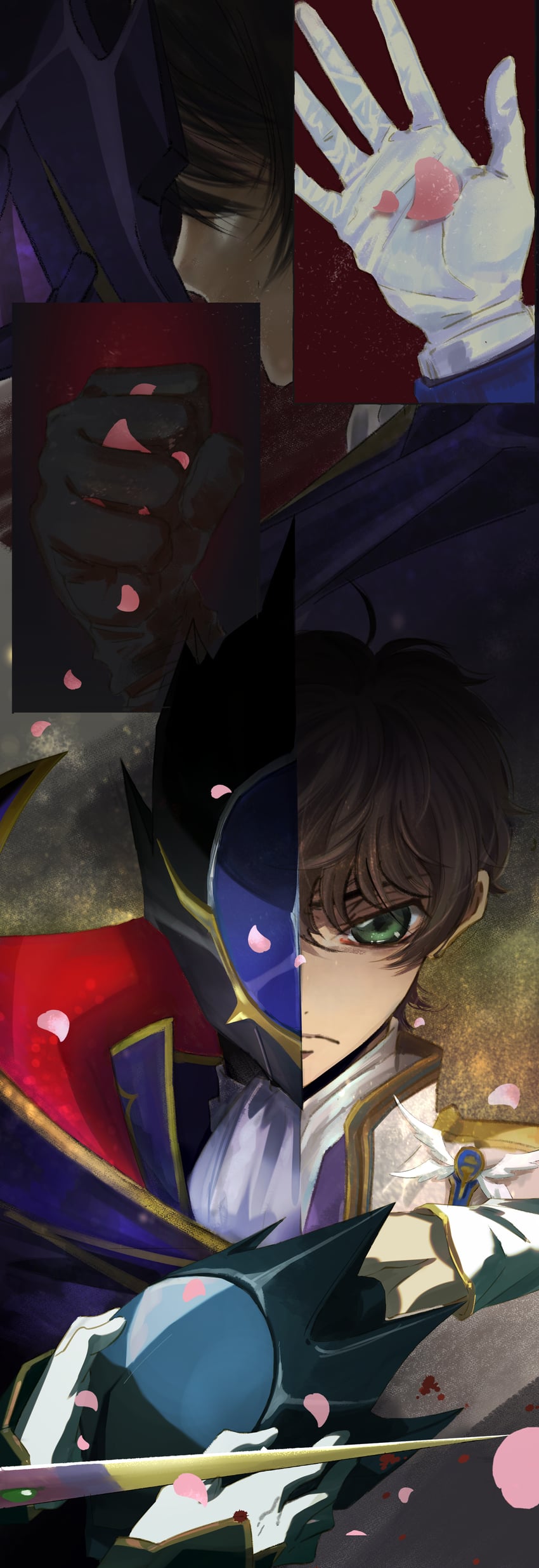 lelouch vi britannia, kururugi suzaku, and zero (code geass) drawn by youlitai