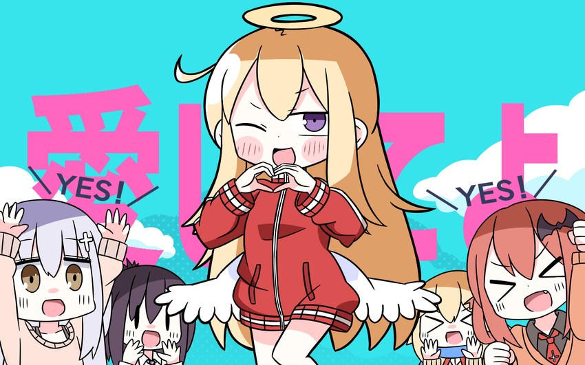 satanichia kurumizawa mcdowell, gabriel tenma white, vignette tsukinose april, raphiel shiraha ainsworth, and tapris chisaki sugarbell (gabriel dropout and 1 more) drawn by hana_kazari