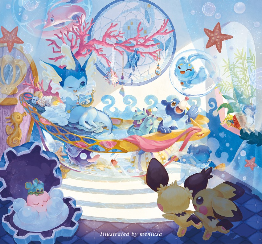 vaporeon, pichu, popplio, poliwag, spheal, and 10 more (pokemon) drawn by meniusa_lau