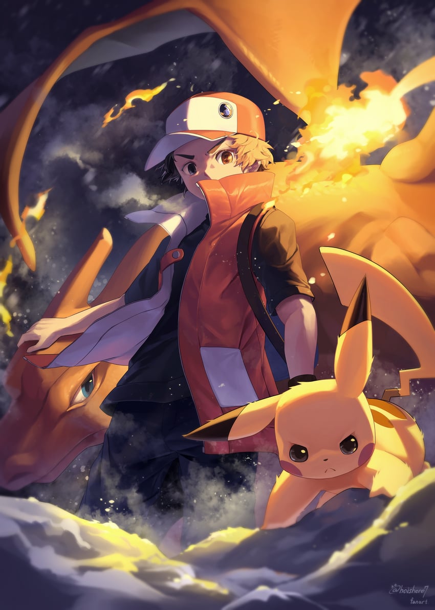 pikachu, red, and charizard (pokemon and 1 more) drawn by hoishere7