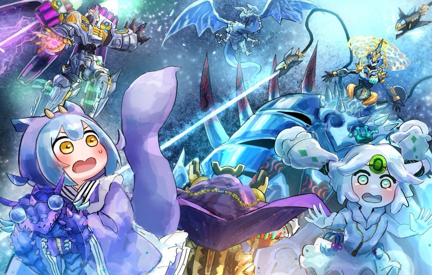 laundry dragonmaid, eldlich the golden lord, divine arsenal aa-zeus - sky thunder, icejade aegirine, tidal dragon ruler of waterfalls, and 3 more (yu-gi-oh!) drawn by hatano_kiyoshi