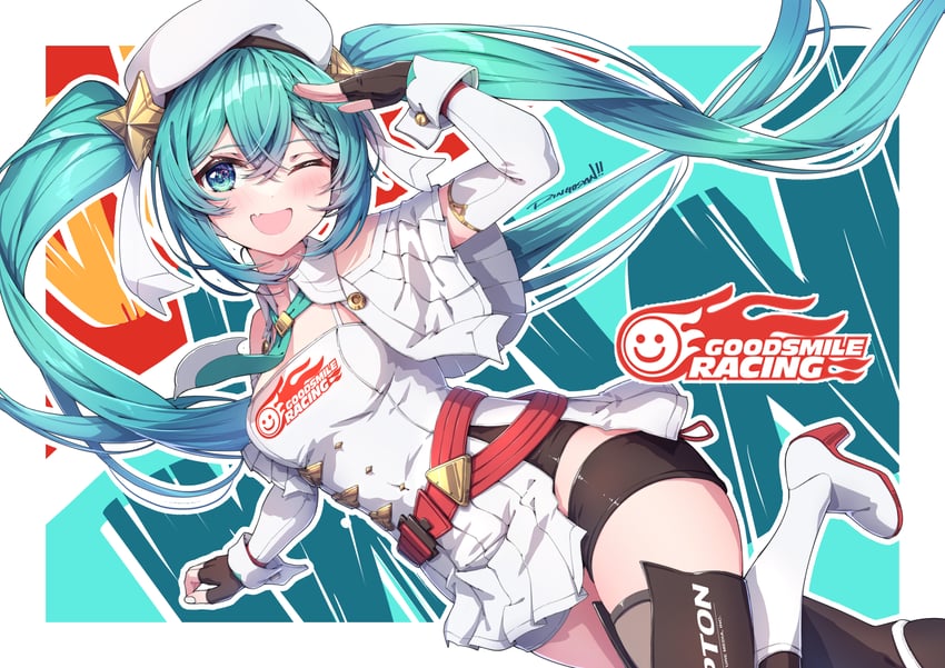 hatsune miku and racing miku (vocaloid and 1 more) drawn by ringosan