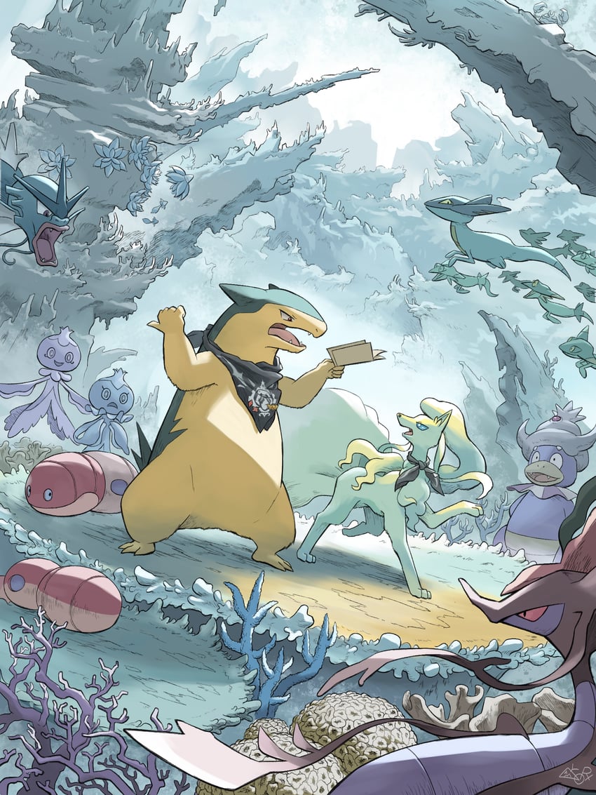 typhlosion, gyarados, dreepy, alolan ninetales, frillish, and 5 more (pokemon) drawn by yamaori_(hakkentai_pokedan)