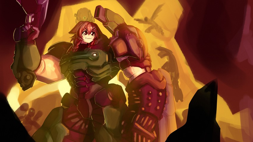 inugami korone, doomguy, cacodemon, revenant, and arachnotron (hololive and 2 more) drawn by cosmikaizer