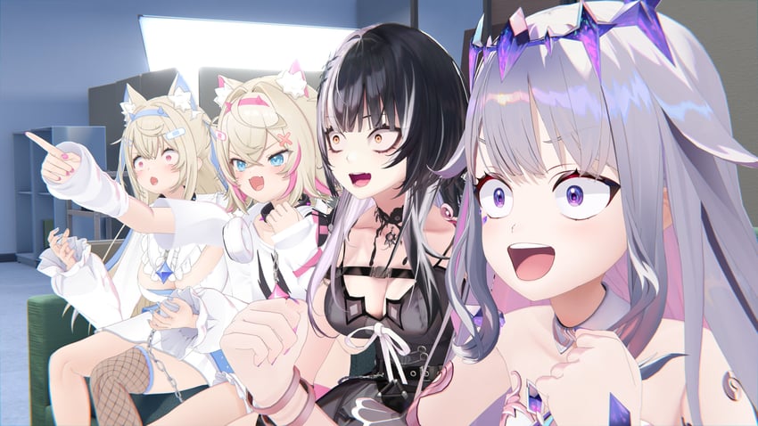 shiori novella, fuwawa abyssgard, mococo abyssgard, and koseki bijou (hololive and 1 more) drawn by chegi_channel