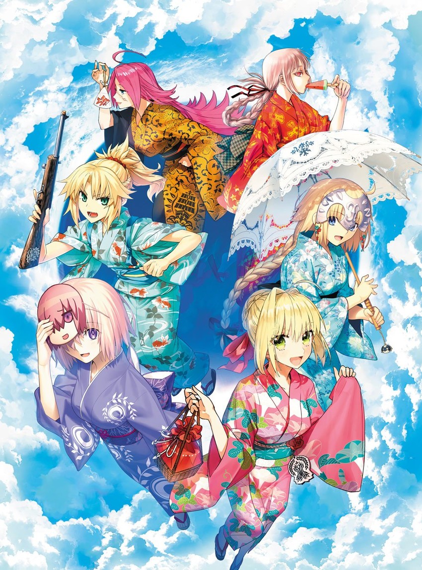 mash kyrielight, jeanne d'arc, mordred, florence nightingale, nero claudius, and 1 more (fate and 1 more) drawn by konoe_ototsugu, takahashi_keitarou, takeuchi_takashi, and wada_arco