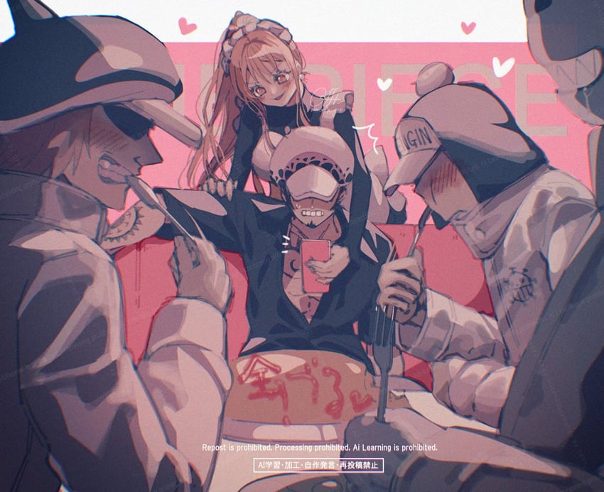 nami, trafalgar law, bepo, penguin, and shachi (one piece) drawn by yum_xoxo_yum