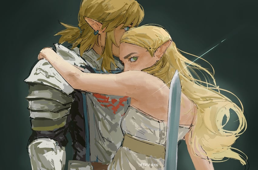 link and princess zelda (the legend of zelda and 1 more) drawn by ekar1n