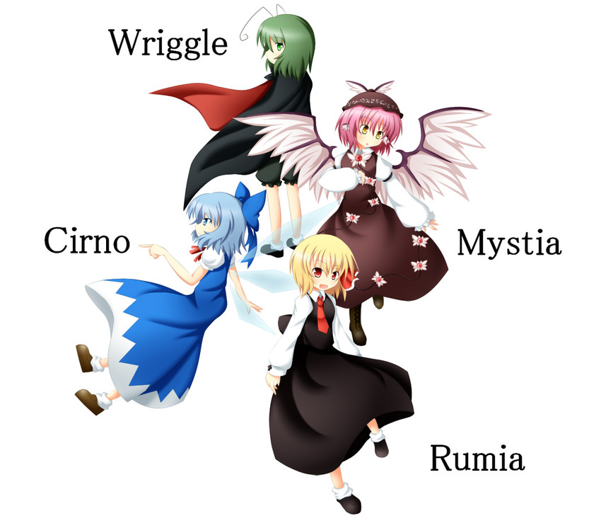 cirno, rumia, mystia lorelei, and wriggle nightbug (touhou) drawn by kuroyume_(dark495)