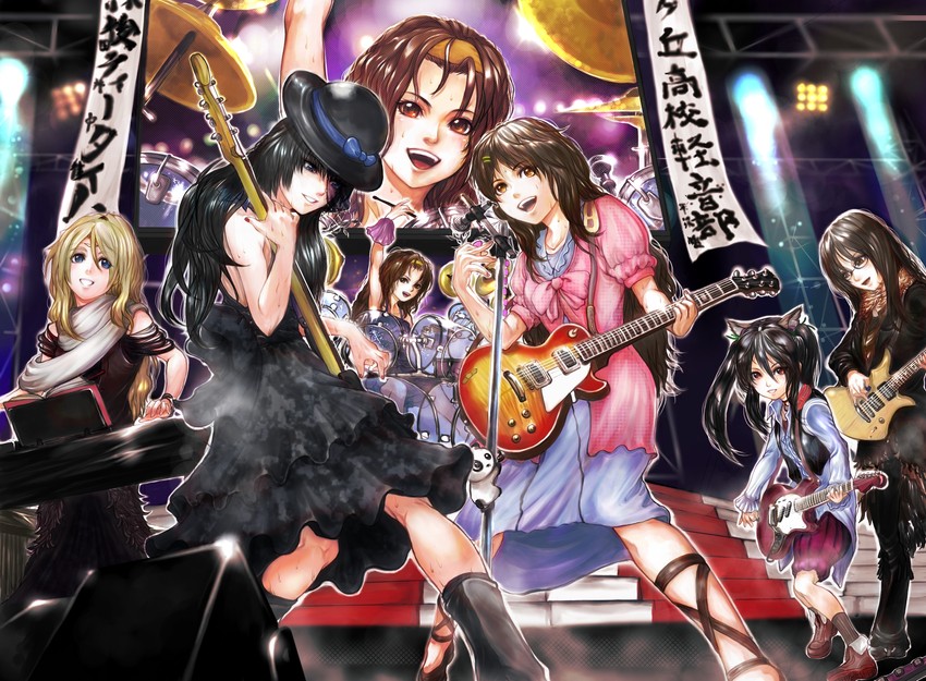akiyama mio, nakano azusa, hirasawa yui, tainaka ritsu, kotobuki tsumugi, and 1 more (k-on!) drawn by rikune