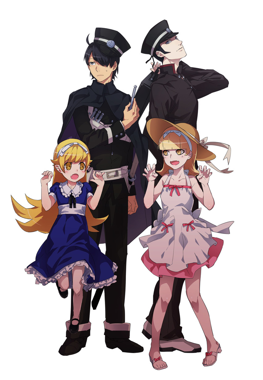 oshino shinobu, araragi koyomi, kuzunoha raidou, and alice (monogatari and 3 more) drawn by kamizawa_(sark)