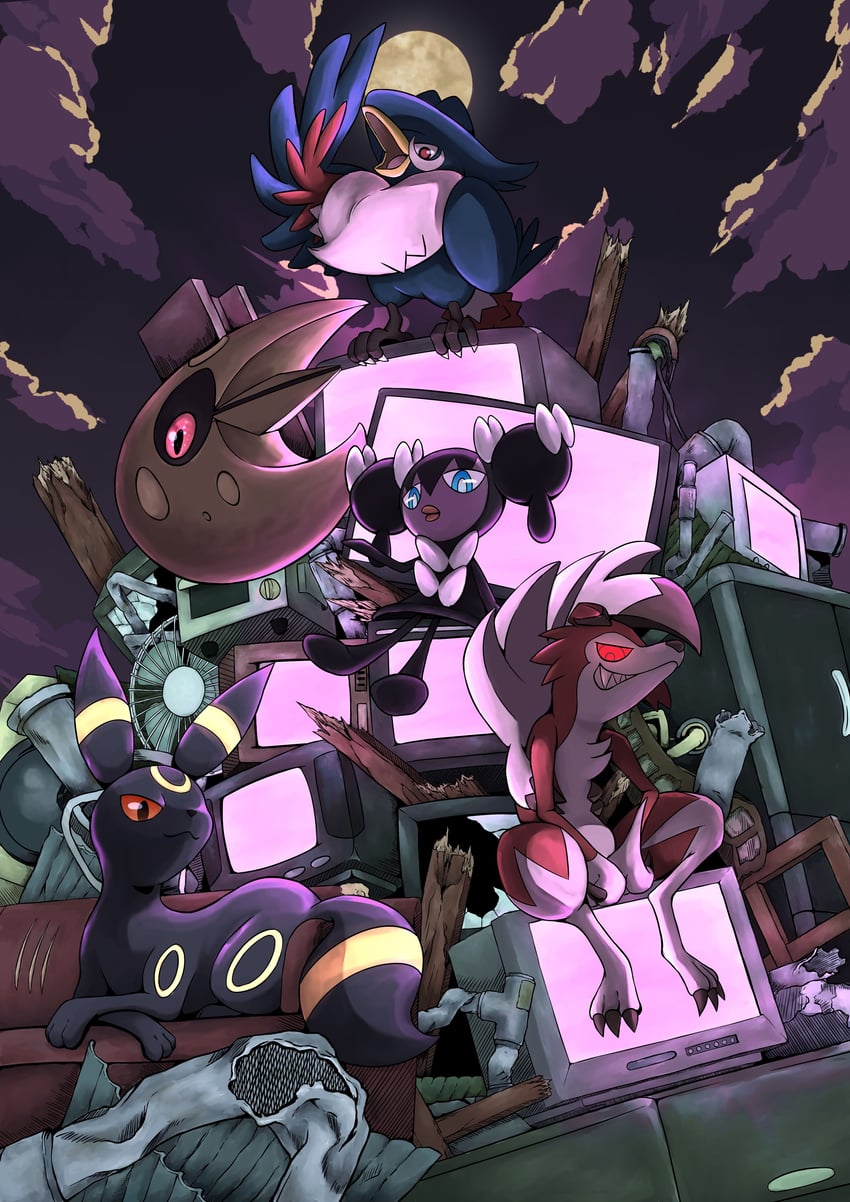 umbreon, lycanroc, lunatone, honchkrow, and gothorita (pokemon) drawn by q-chan