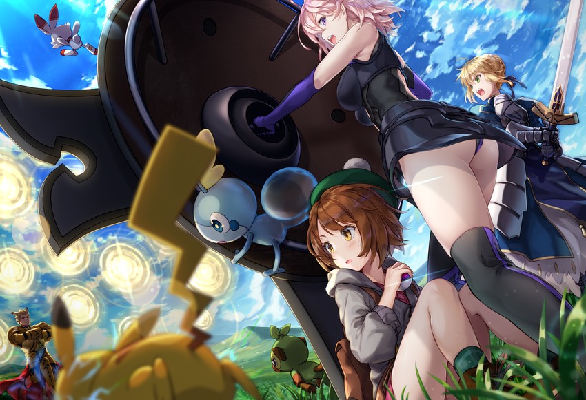 artoria pendragon, saber, mash kyrielight, pikachu, gilgamesh, and 4 more (fate and 4 more) drawn by katoroku