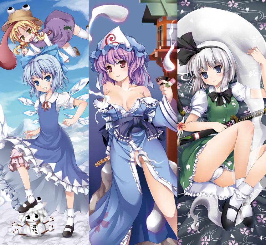 konpaku youmu, cirno, saigyouji yuyuko, moriya suwako, and pyonta (touhou) drawn by tomusooya