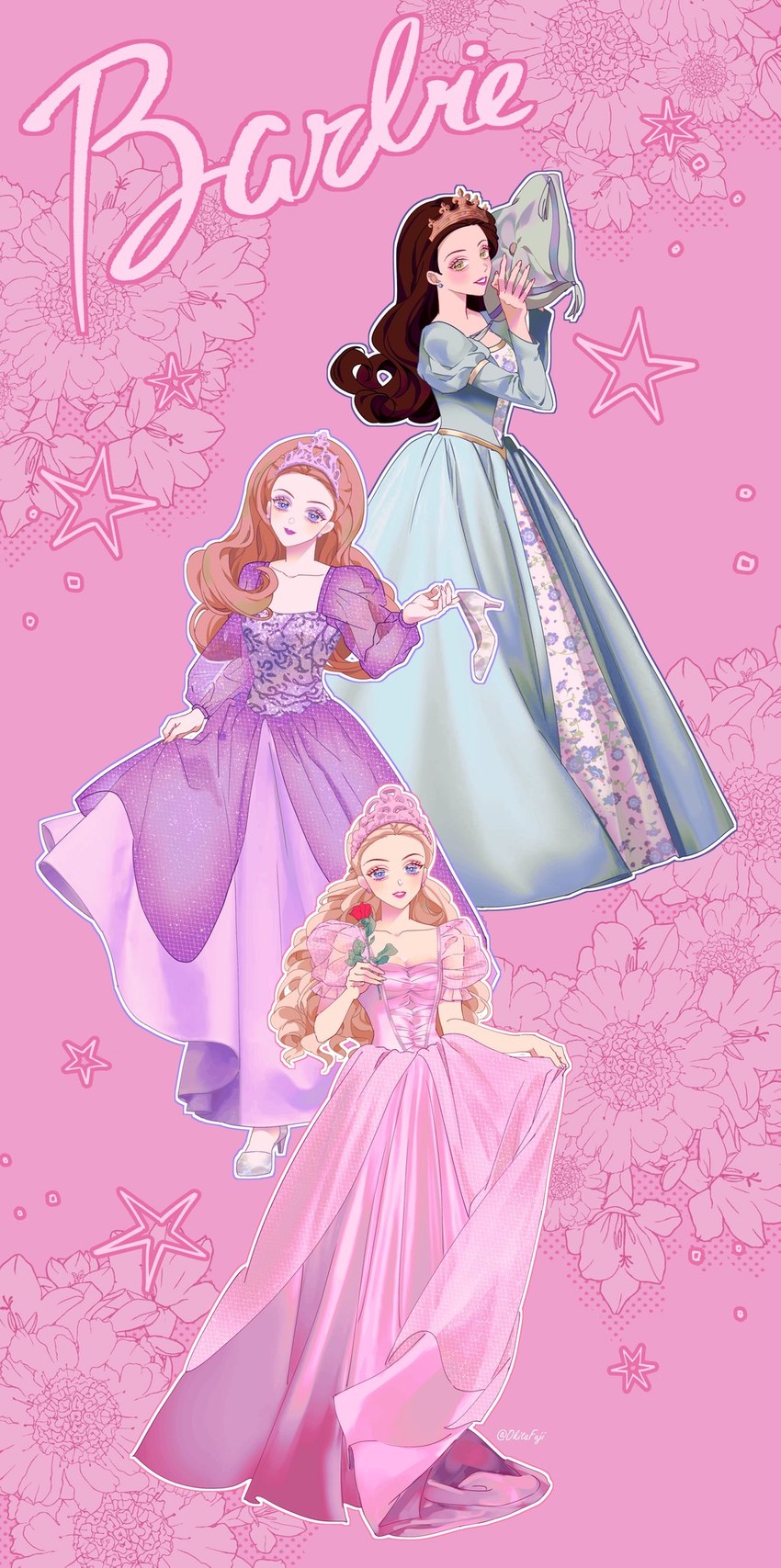 cinderella, barbie, sleeping beauty, sleeping beauty barbie, cinderella barbie, and 1 more (barbie and 4 more) drawn by okitafuji