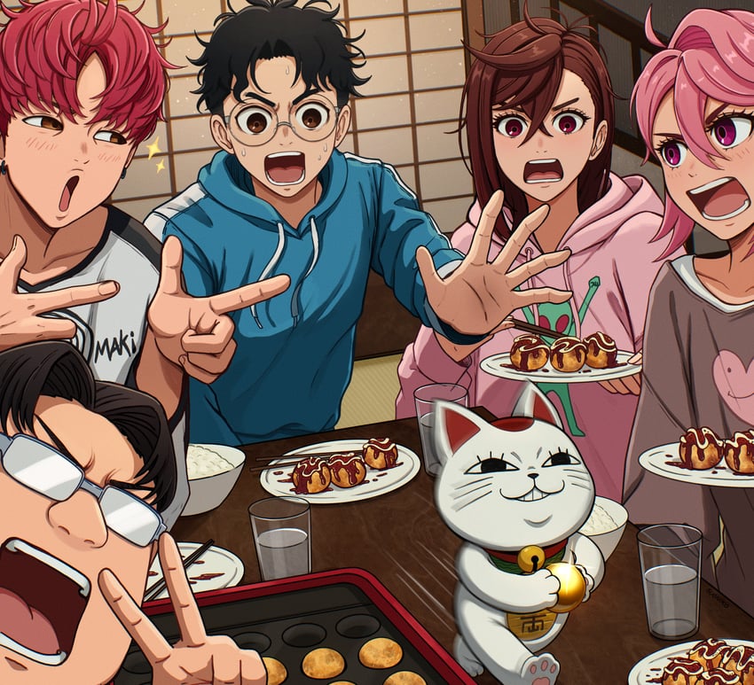 ayase momo, takakura ken, turbo granny, shiratori aira, enjoji jin, and 1 more (dandadan) drawn by suoniko