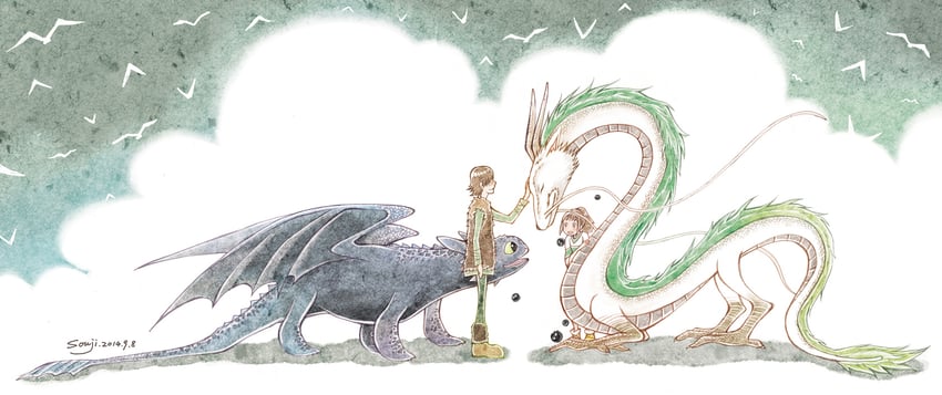ogino chihiro, haku, susuwatari, toothless, and hiccup horrendous haddock iii (sen to chihiro no kamikakushi and 2 more) drawn by souji000