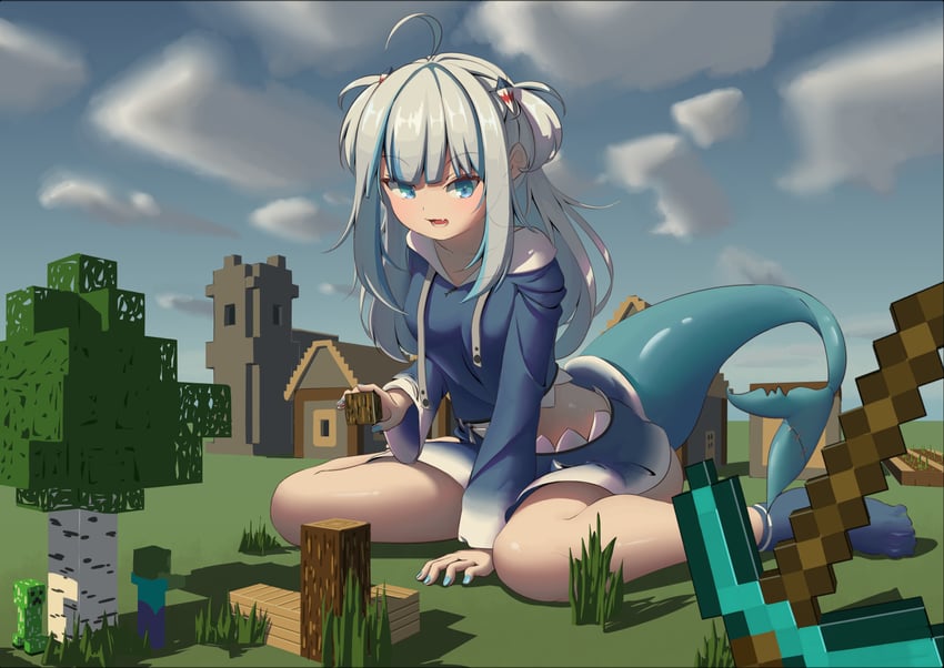 gawr gura, creeper, and zombie (hololive and 2 more) drawn by tenroy