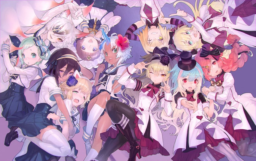 little alice, mikusa, shadow alice, rin, ma'at, and 6 more (wonderland wars) drawn by maeshima_shigeki