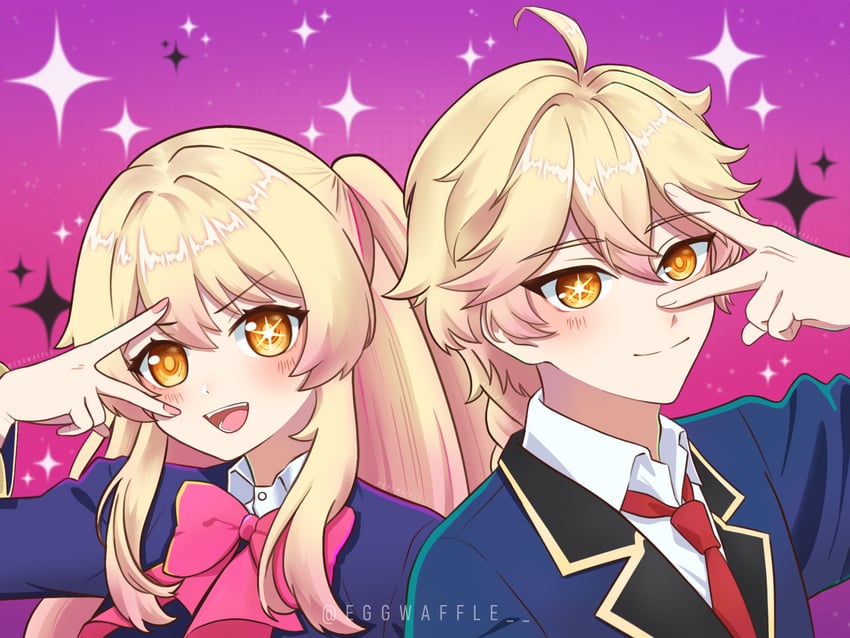 lumine, aether, hoshino ruby, and hoshino aquamarine (genshin impact and 1 more) drawn by kwek_kwek