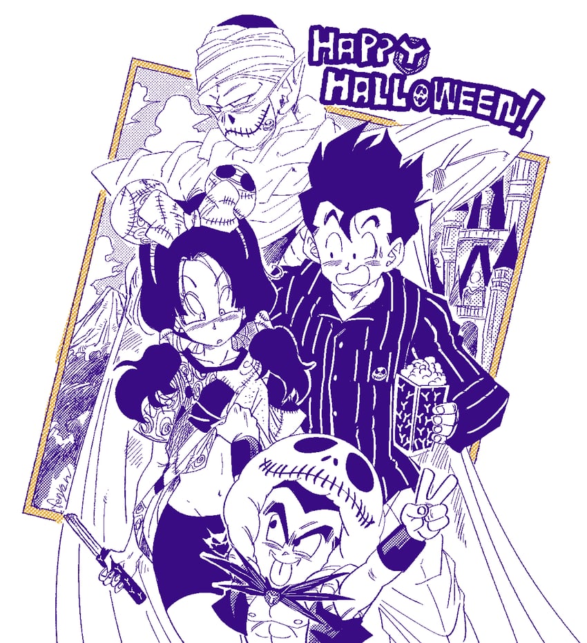 son gohan, piccolo, videl, gotenks, jack skellington, and 1 more (dragon ball and 3 more) drawn by fenyon