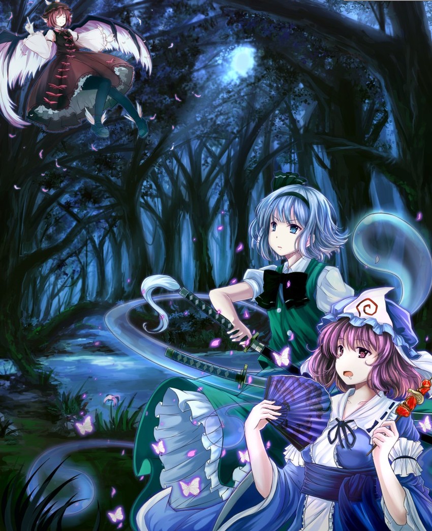 konpaku youmu, saigyouji yuyuko, and mystia lorelei (touhou) drawn by jianren