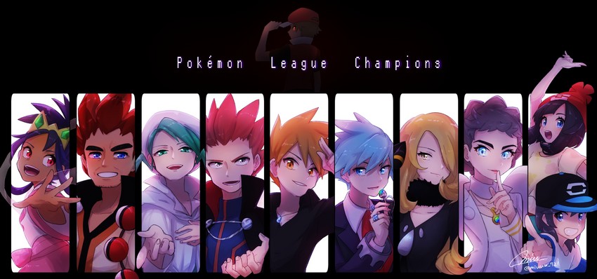 cynthia, red, selene, blue oak, elio, and 6 more (pokemon and 8 more) drawn by miu_(miuuu_721)