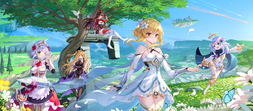lumine, paimon, fischl, amber, and noelle (genshin impact) drawn by swordsouls