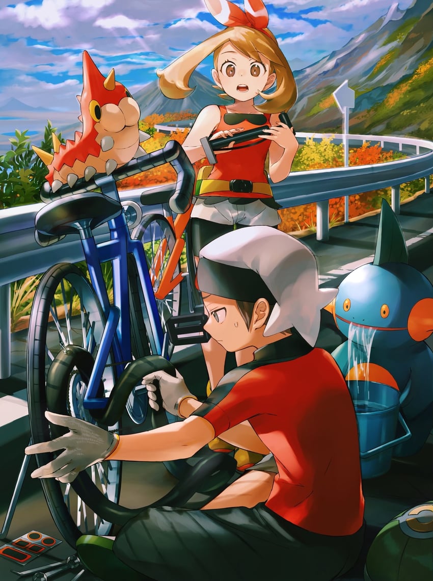 may, brendan, wurmple, and marshtomp (pokemon and 1 more) drawn by orange_mikan