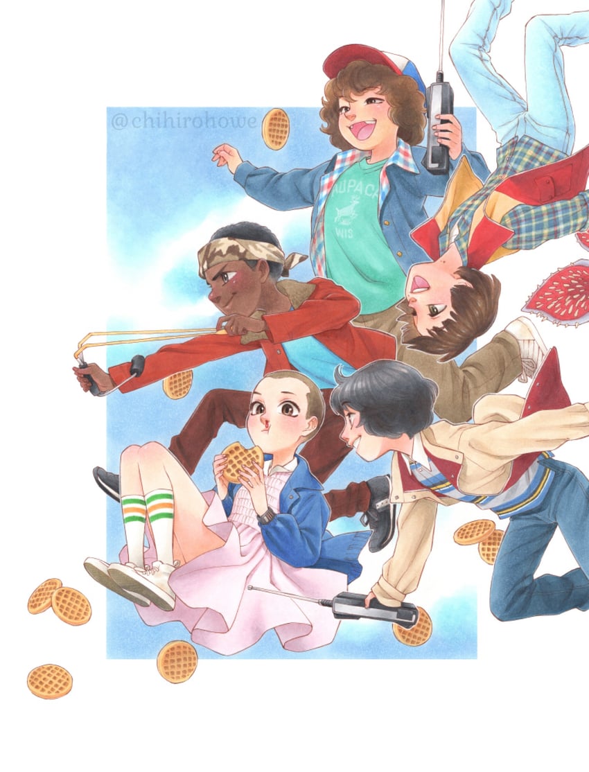 eleven, demogorgon, mike wheeler, dustin henderson, lucas sinclair, and 1 more (stranger things) drawn by chihiro_howe