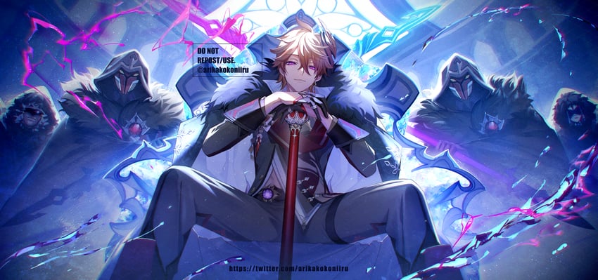 mirror maiden, tartaglia, fatui pyro agent, and electrohammer vanguard (genshin impact) drawn by arika_(arikakokoniiru)