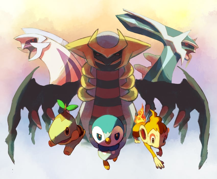 piplup, giratina, turtwig, chimchar, dialga, and 1 more (pokemon) drawn by bishamon_(usagi_ba)