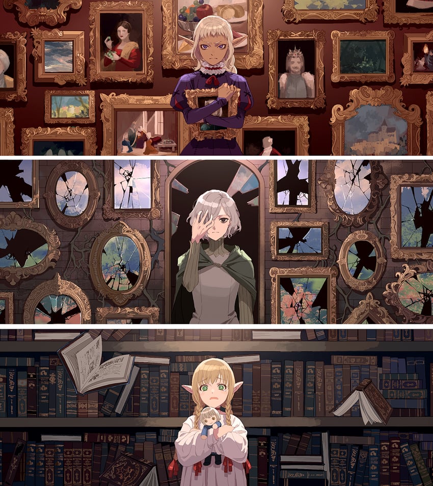 marcille donato, falin touden, mithrun, thistle, and delgal (dungeon meshi) drawn by okazaki_oka